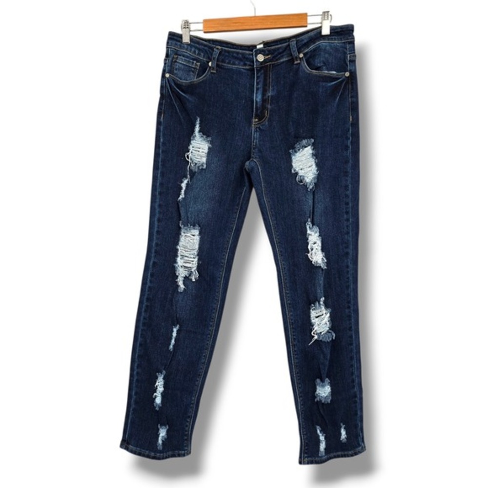 New Davis &‎ Dani Women Dark Wash Distressed Ripped Skinny Jeans Size L
